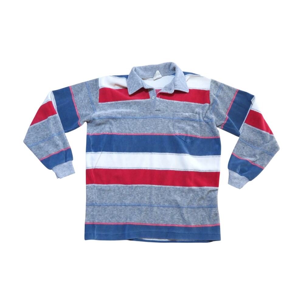 Campus Velour Striped Pocket Shirt Long Sleeve Sz M-L Red White Gray Blue 1980s